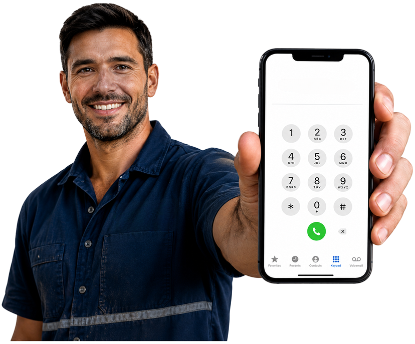 Arndell Park Blocked Drains plumber holding a phone — call 1300 261 965