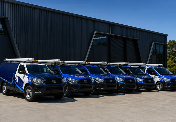 Our plumbing vans lined up before a Arndell Park shift