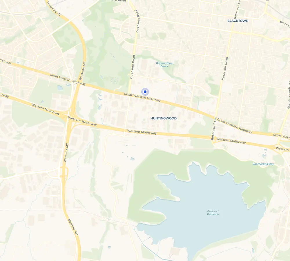 Map of the Arndell Park service area and the surrounding Western Sydney, showing Arndell Park and the nearby streets we cover.