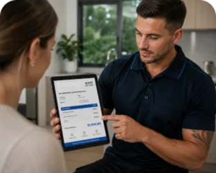 Plumber showing a Arndell Park customer the quote on a tablet