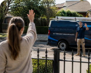 Customer waving goodbye to a Arndell Park Blocked Drains plumber