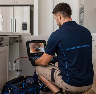 Plumber clearing a blocked toilet in a Arndell Park bathroom